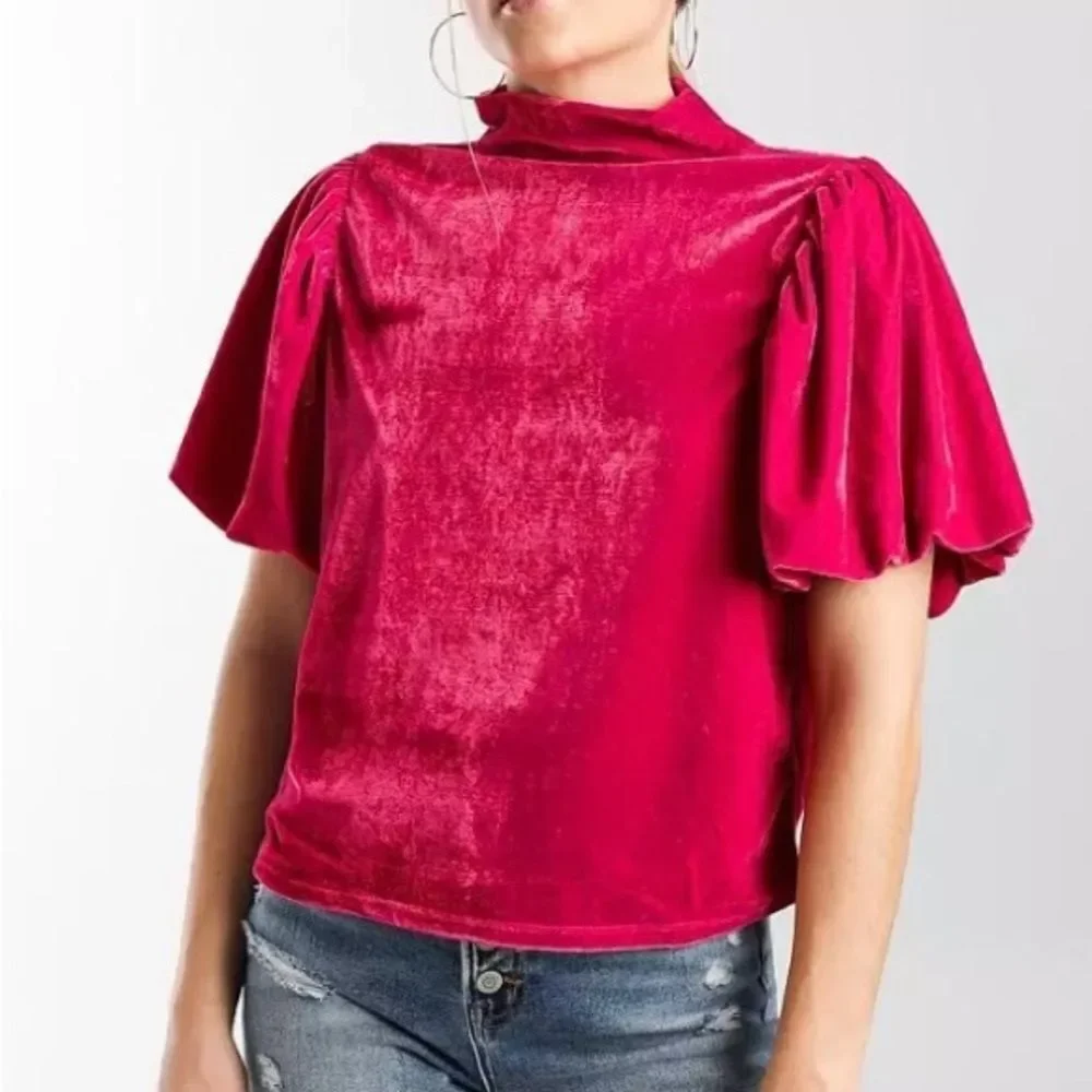 Free People Pink Fuchsia Puff Sleeve Blouse with Mandarin Collar